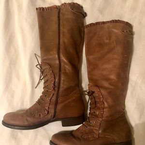 Ruffle lace up knee high brown boots